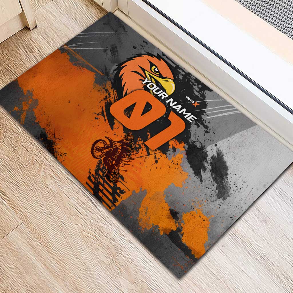 Custom MotoX Eagle Strike Motocross Rubber Doormat with Rider Silhouette and Orange Grunge Design - Wonder Print Shop