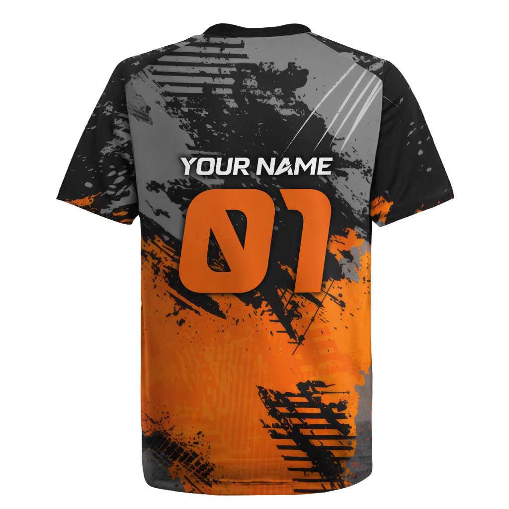 Custom MotoX Eagle Strike Motocross Rugby Jersey with Rider Silhouette and Orange Grunge Design - Wonder Print Shop