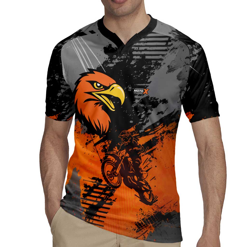 Custom MotoX Eagle Strike Motocross Rugby Jersey with Rider Silhouette and Orange Grunge Design - Wonder Print Shop