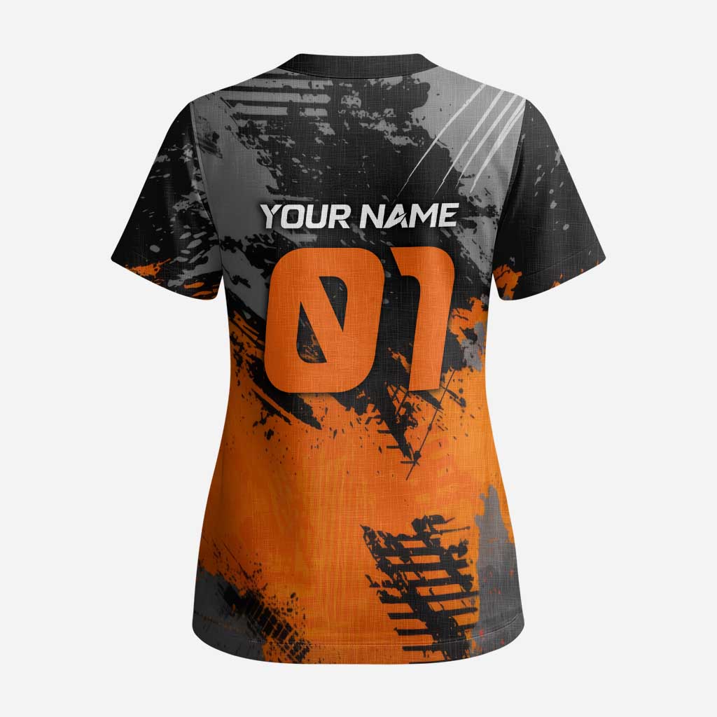 Custom MotoX Eagle Strike Motocross Scrub Top with Rider Silhouette and Orange Grunge Design - Wonder Print Shop