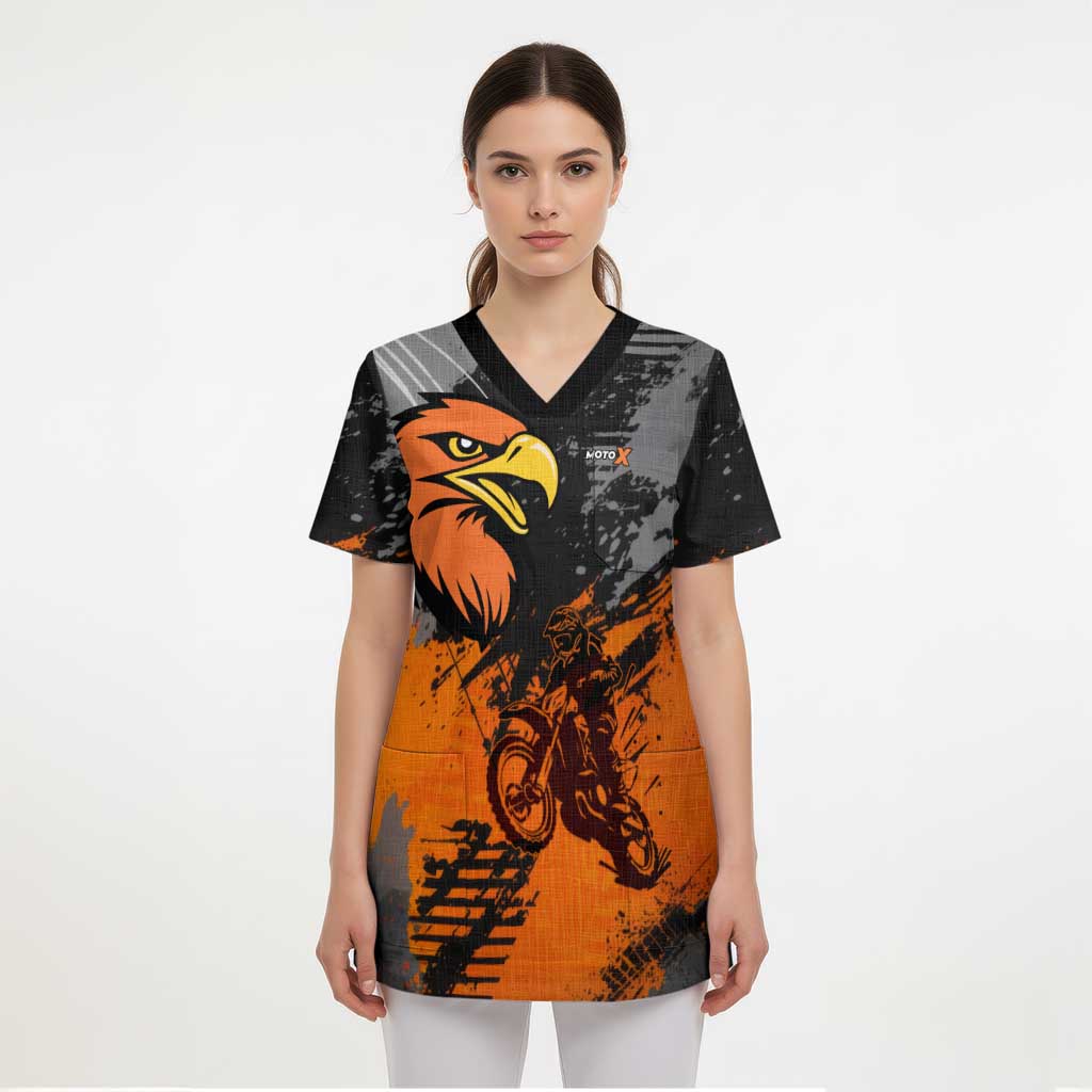 Custom MotoX Eagle Strike Motocross Scrub Top with Rider Silhouette and Orange Grunge Design - Wonder Print Shop