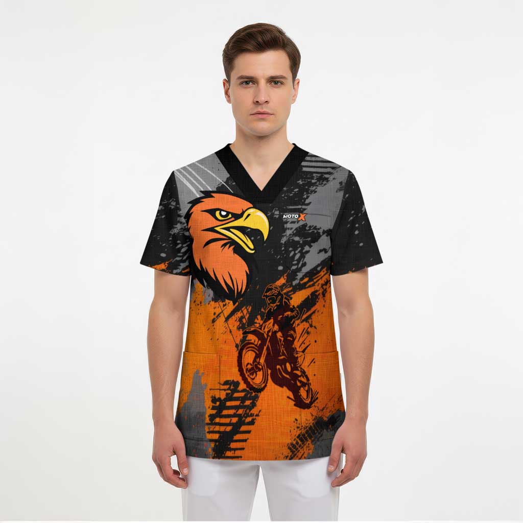 Custom MotoX Eagle Strike Motocross Scrub Top with Rider Silhouette and Orange Grunge Design - Wonder Print Shop