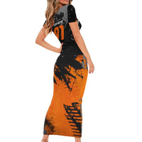 Custom MotoX Eagle Strike Motocross Short Sleeve Bodycon Dress with Rider Silhouette and Orange Grunge Design - Wonder Print Shop