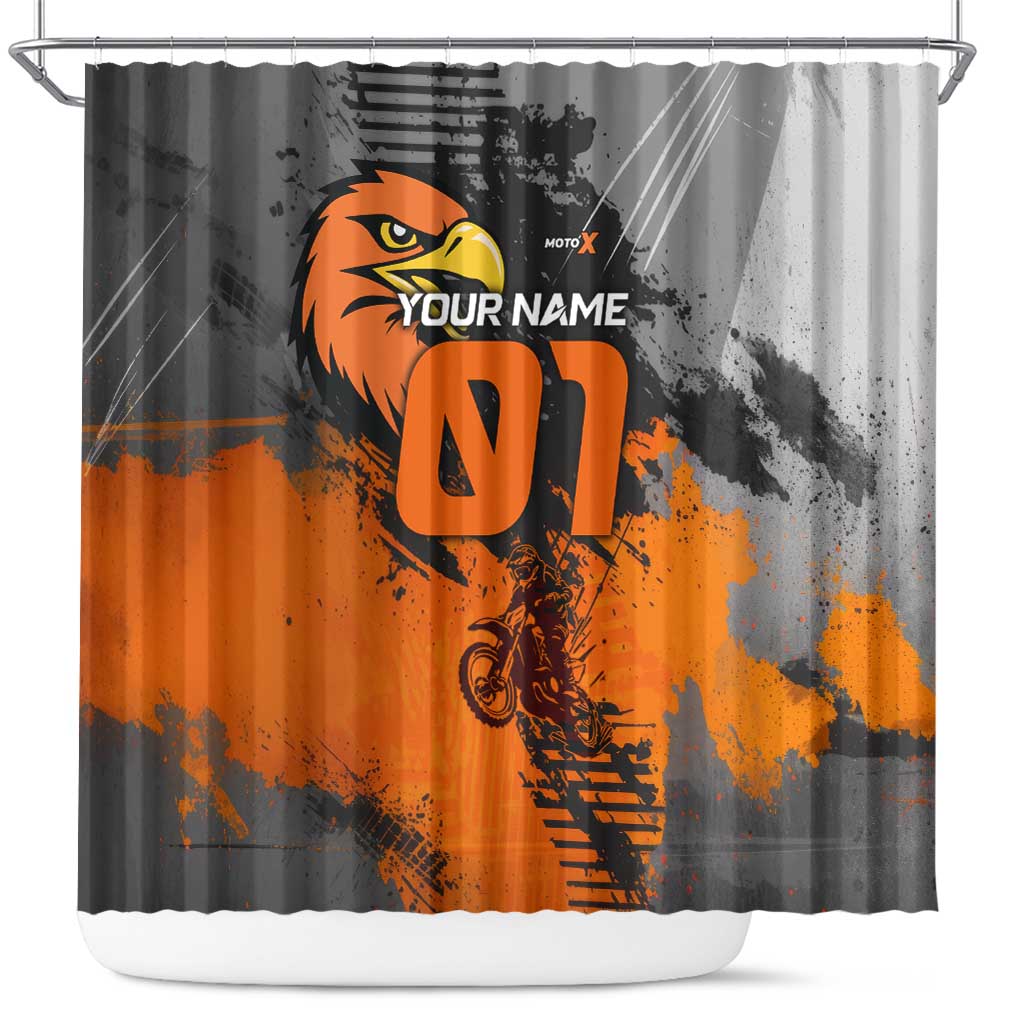 Custom MotoX Eagle Strike Motocross Shower Curtain with Rider Silhouette and Orange Grunge Design - Wonder Print Shop