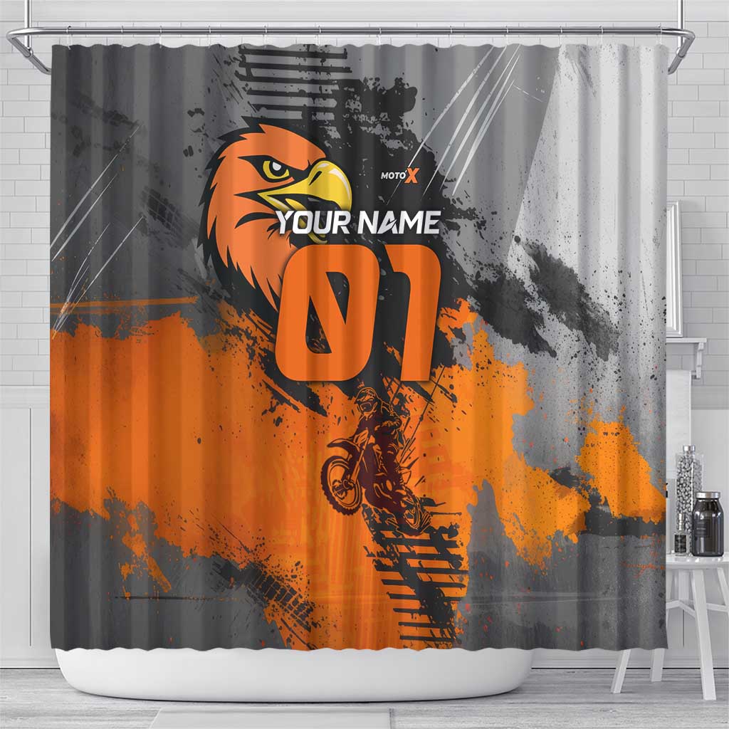 Custom MotoX Eagle Strike Motocross Shower Curtain with Rider Silhouette and Orange Grunge Design - Wonder Print Shop