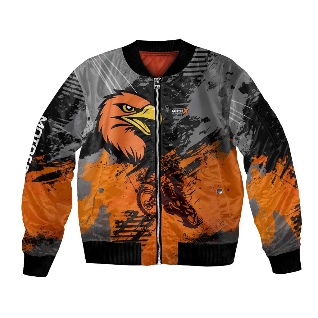 Custom MotoX Eagle Strike Motocross Sleeve Zip Bomber Jacket with Rider Silhouette and Orange Grunge Design - Wonder Print Shop