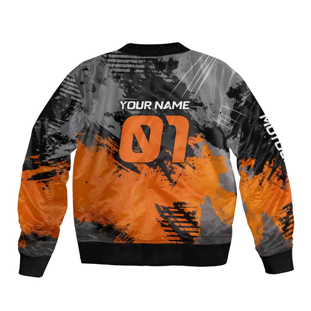 Custom MotoX Eagle Strike Motocross Sleeve Zip Bomber Jacket with Rider Silhouette and Orange Grunge Design - Wonder Print Shop