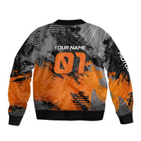 Custom MotoX Eagle Strike Motocross Sleeve Zip Bomber Jacket with Rider Silhouette and Orange Grunge Design - Wonder Print Shop