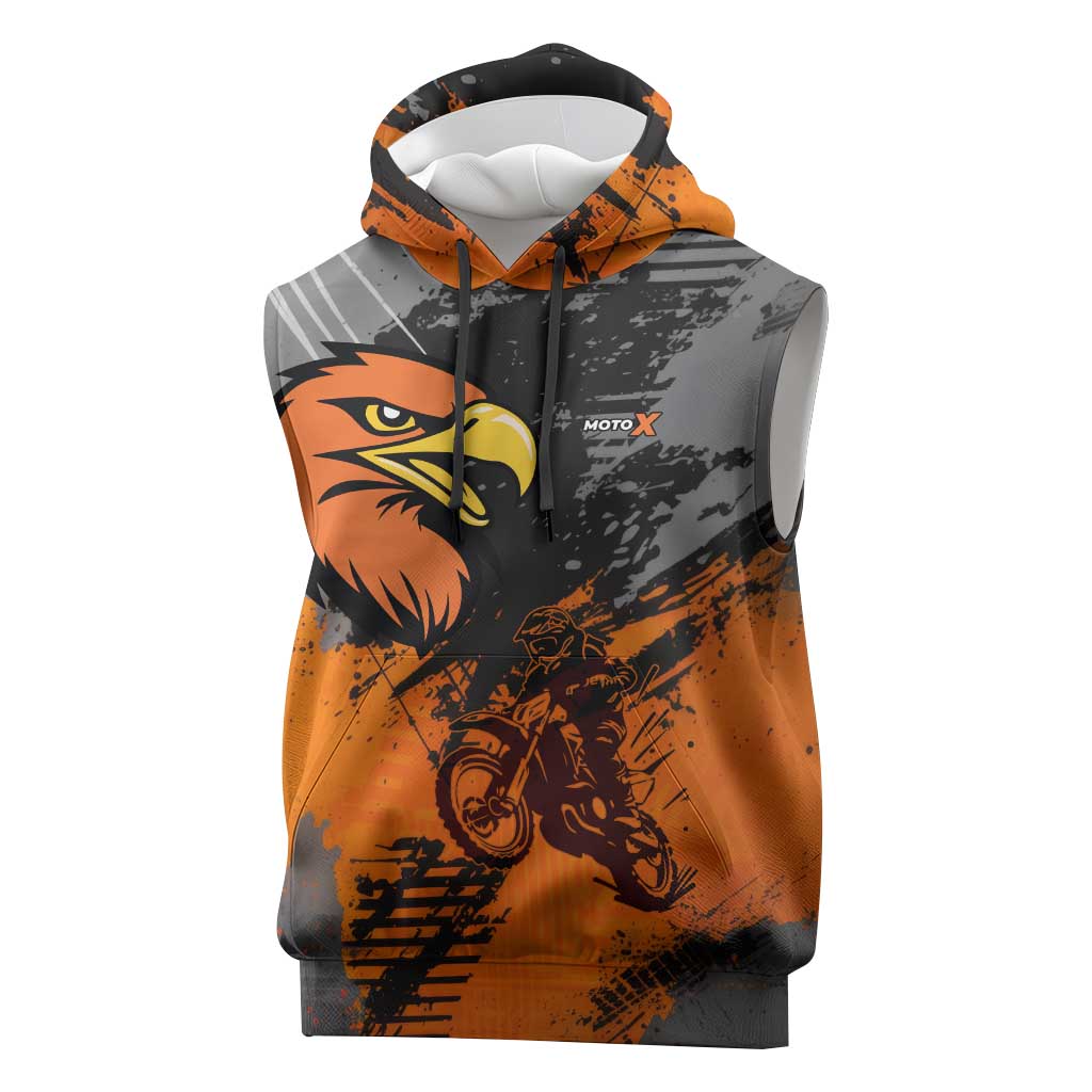 Custom MotoX Eagle Strike Motocross Sleeveless Hoodie with Rider Silhouette and Orange Grunge Design - Wonder Print Shop