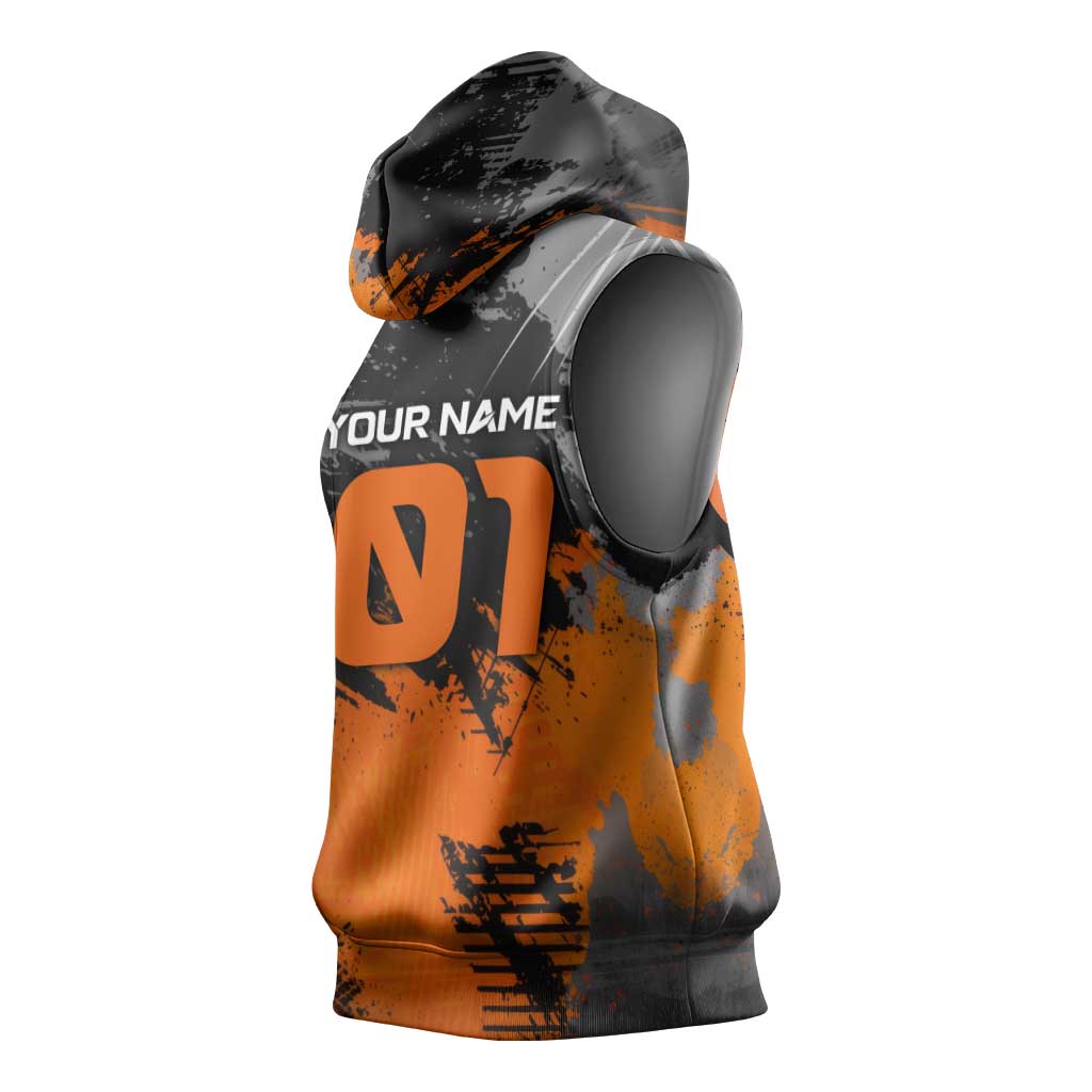 Custom MotoX Eagle Strike Motocross Sleeveless Hoodie with Rider Silhouette and Orange Grunge Design - Wonder Print Shop