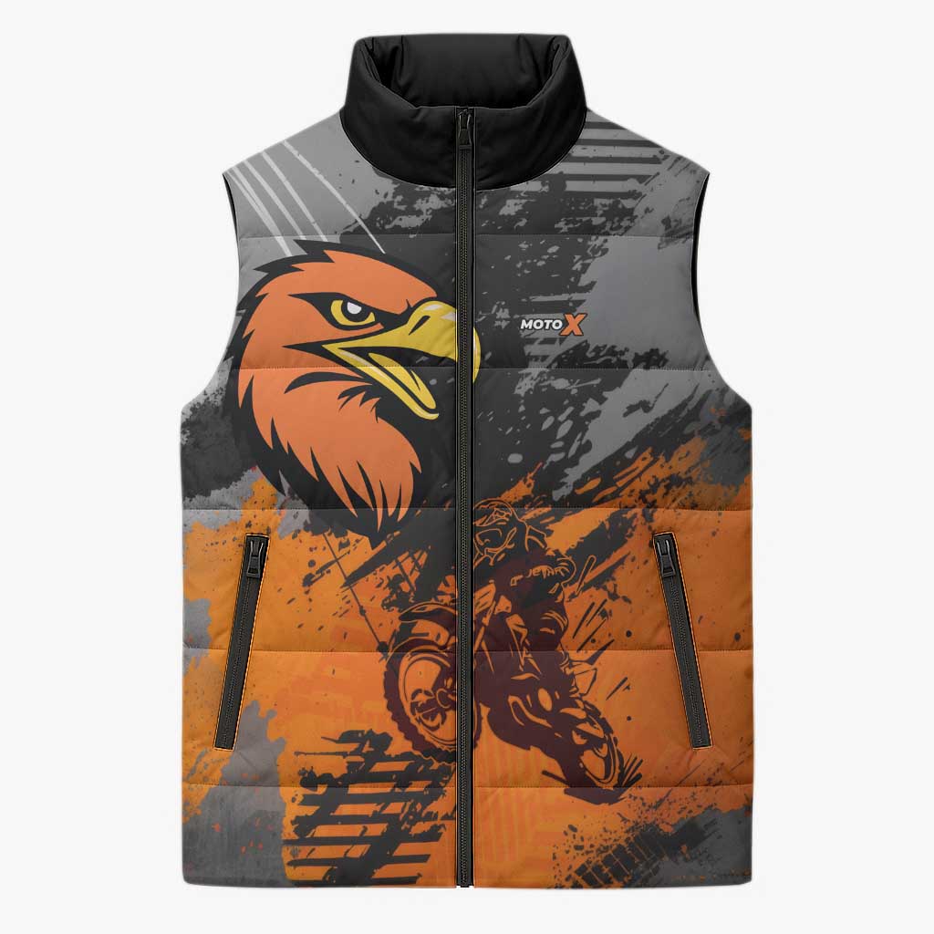 Custom MotoX Eagle Strike Motocross Sleeveless Puffer Jacket with Rider Silhouette and Orange Grunge Design - Wonder Print Shop
