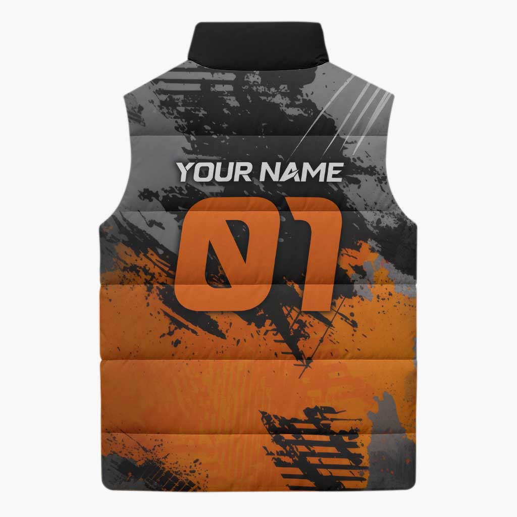 Custom MotoX Eagle Strike Motocross Sleeveless Puffer Jacket with Rider Silhouette and Orange Grunge Design - Wonder Print Shop