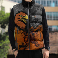 Custom MotoX Eagle Strike Motocross Sleeveless Puffer Jacket with Rider Silhouette and Orange Grunge Design - Wonder Print Shop