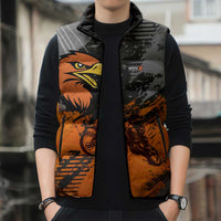 Custom MotoX Eagle Strike Motocross Sleeveless Puffer Jacket with Rider Silhouette and Orange Grunge Design - Wonder Print Shop