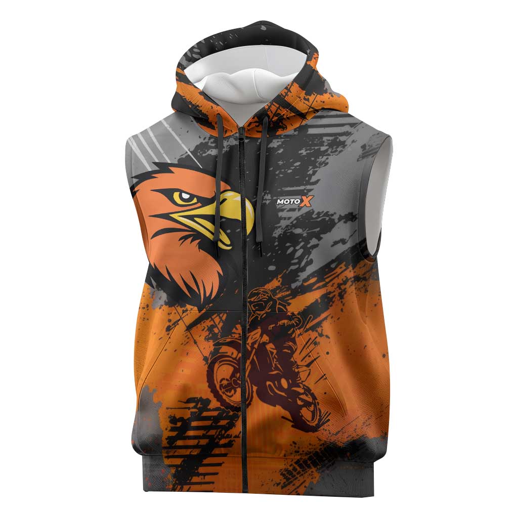 Custom MotoX Eagle Strike Motocross Sleeveless Zip Hoodie with Rider Silhouette and Orange Grunge Design - Wonder Print Shop