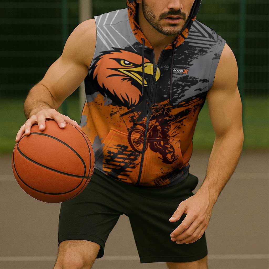 Custom MotoX Eagle Strike Motocross Sleeveless Zip Hoodie with Rider Silhouette and Orange Grunge Design - Wonder Print Shop