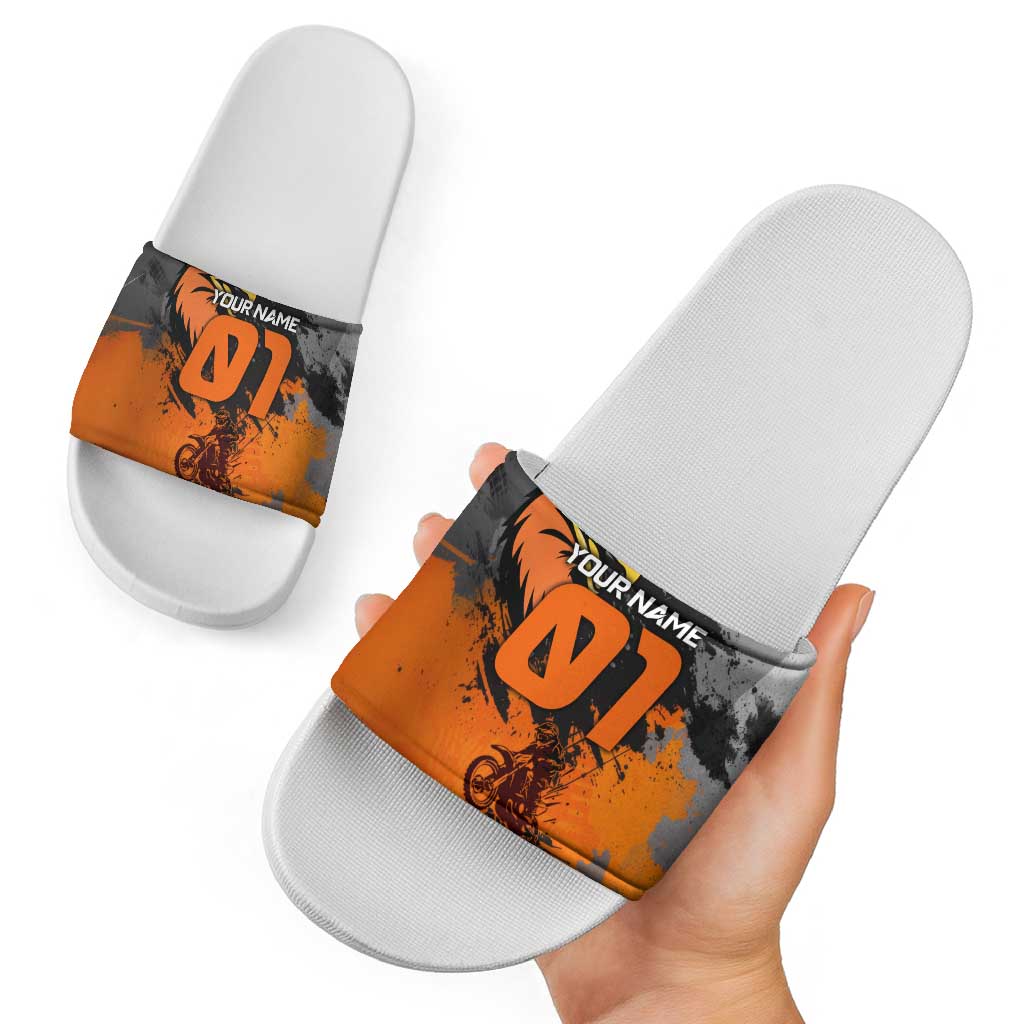 Custom MotoX Eagle Strike Motocross Slide Sandals with Rider Silhouette and Orange Grunge Design - Wonder Print Shop