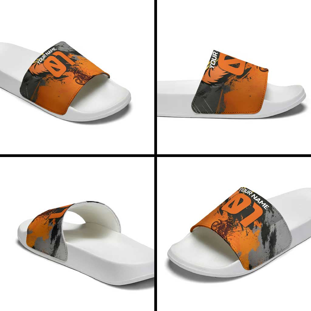 Custom MotoX Eagle Strike Motocross Slide Sandals with Rider Silhouette and Orange Grunge Design - Wonder Print Shop
