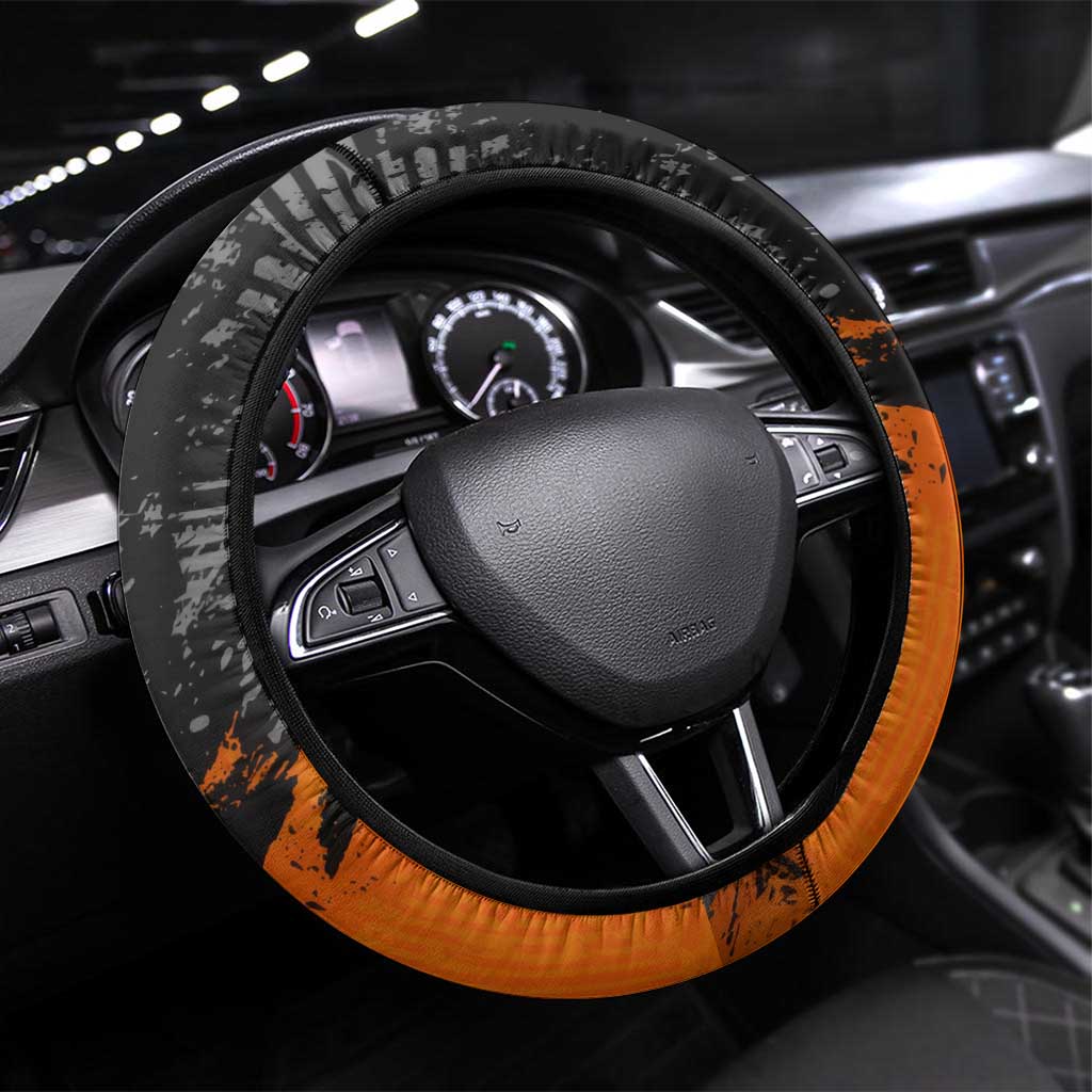 MotoX Eagle Strike Motocross Steering Wheel Cover with Rider Silhouette and Orange Grunge Design - Wonder Print Shop