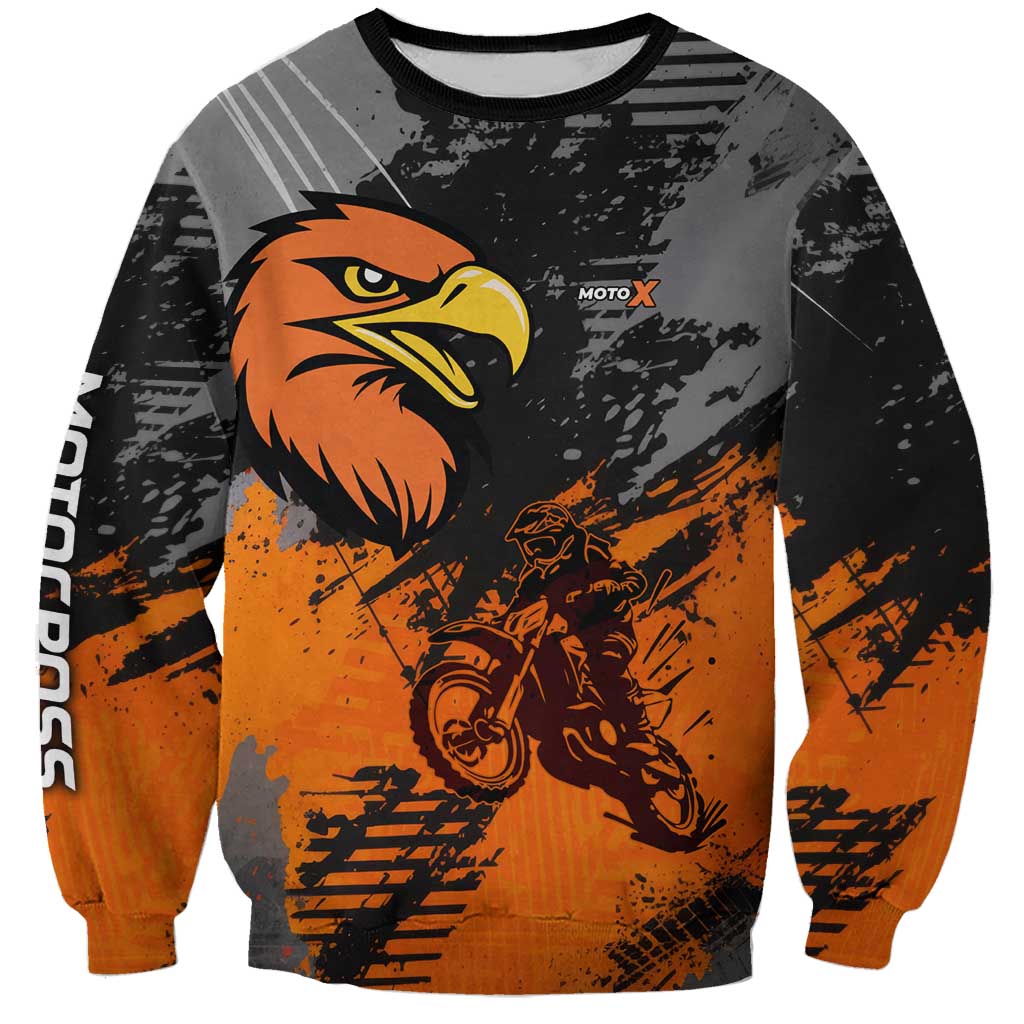 Custom MotoX Eagle Strike Motocross Sweatshirt with Rider Silhouette and Orange Grunge Design - Wonder Print Shop