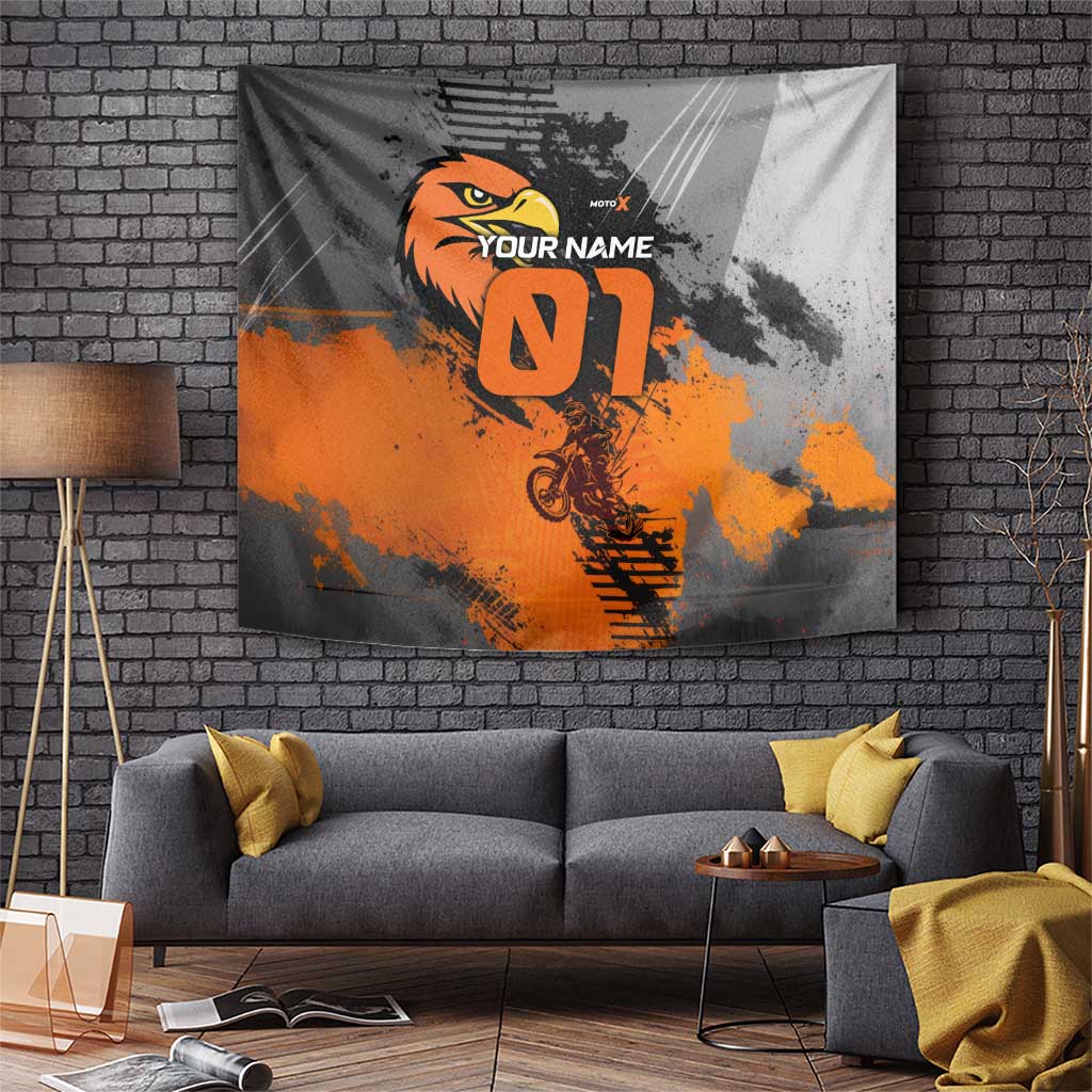 Custom MotoX Eagle Strike Motocross Tapestry with Rider Silhouette and Orange Grunge Design - Wonder Print Shop
