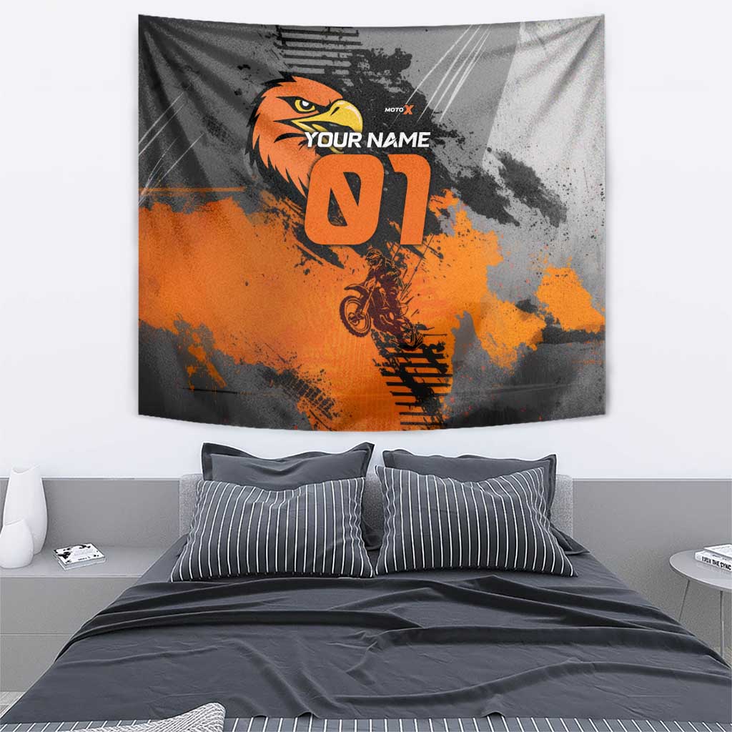 Custom MotoX Eagle Strike Motocross Tapestry with Rider Silhouette and Orange Grunge Design - Wonder Print Shop