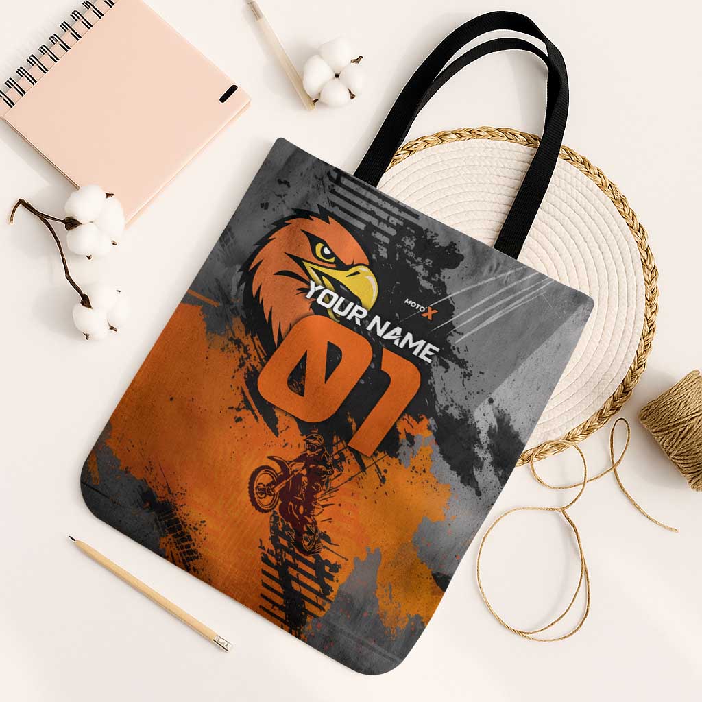Custom MotoX Eagle Strike Motocross Tote Bag with Rider Silhouette and Orange Grunge Design - Wonder Print Shop