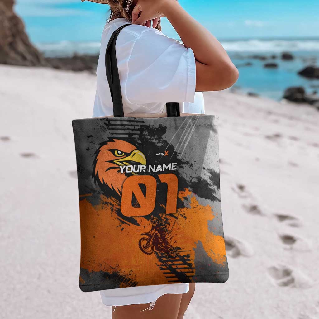 Custom MotoX Eagle Strike Motocross Tote Bag with Rider Silhouette and Orange Grunge Design - Wonder Print Shop
