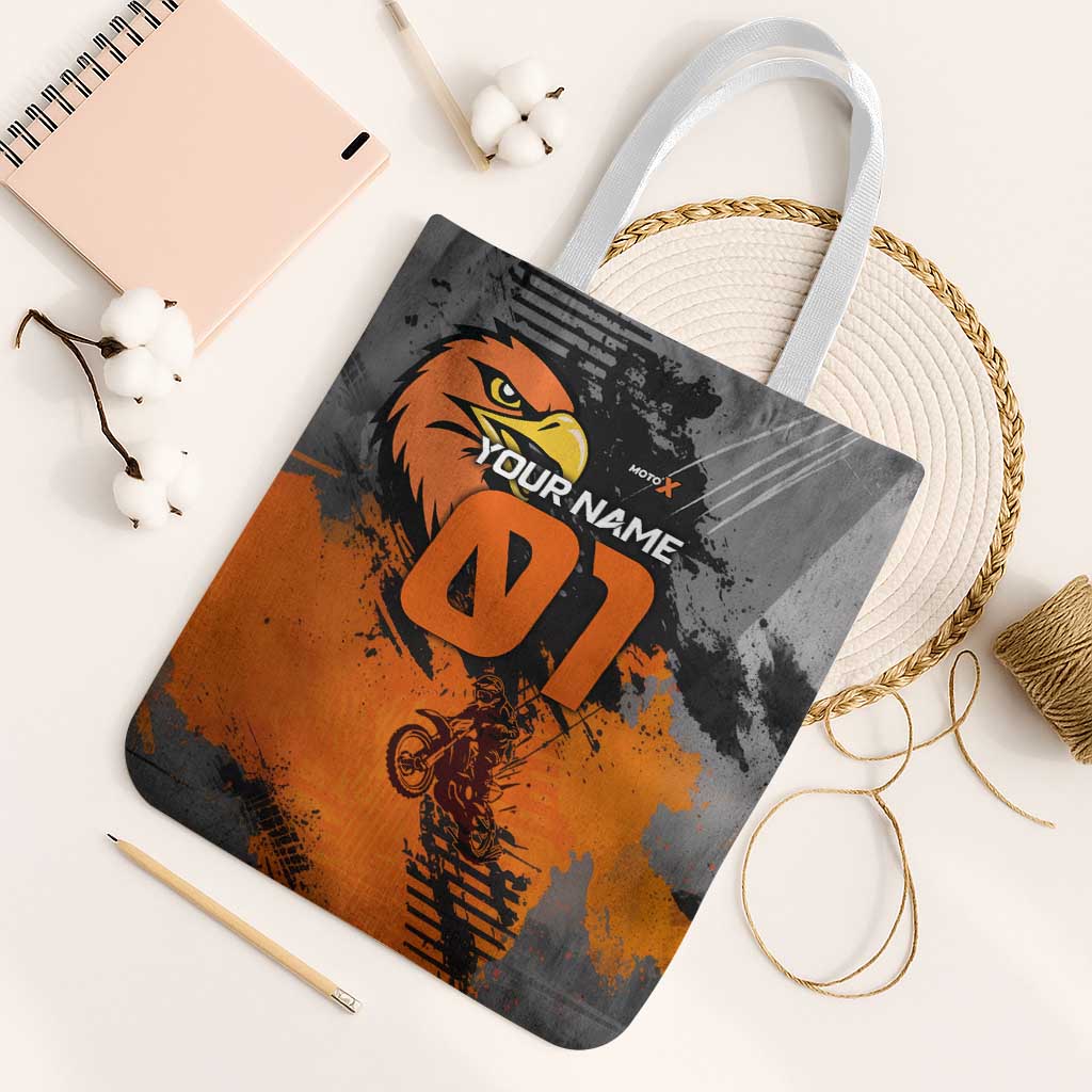 Custom MotoX Eagle Strike Motocross Tote Bag with Rider Silhouette and Orange Grunge Design - Wonder Print Shop