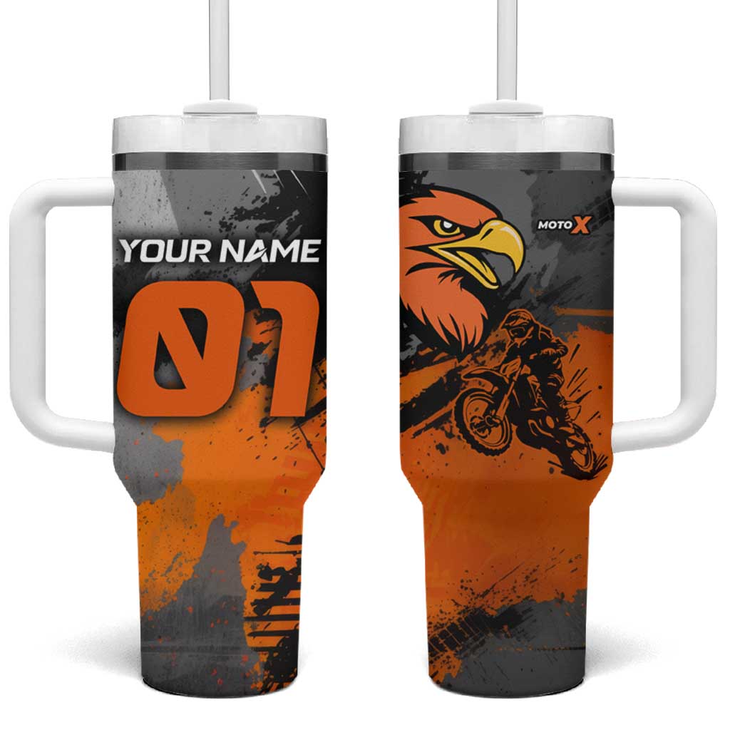 Custom MotoX Eagle Strike Motocross Tumbler With Handle with Rider Silhouette and Orange Grunge Design - Wonder Print Shop