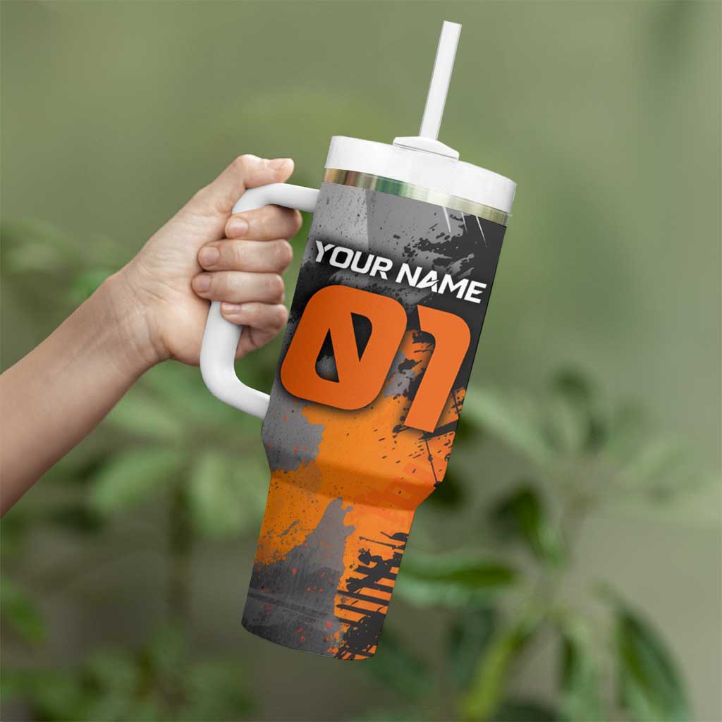 Custom MotoX Eagle Strike Motocross Tumbler With Handle with Rider Silhouette and Orange Grunge Design - Wonder Print Shop