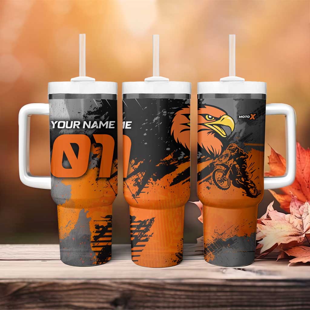 Custom MotoX Eagle Strike Motocross Tumbler With Handle with Rider Silhouette and Orange Grunge Design - Wonder Print Shop