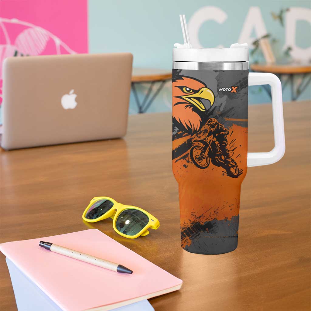 Custom MotoX Eagle Strike Motocross Tumbler With Handle with Rider Silhouette and Orange Grunge Design - Wonder Print Shop