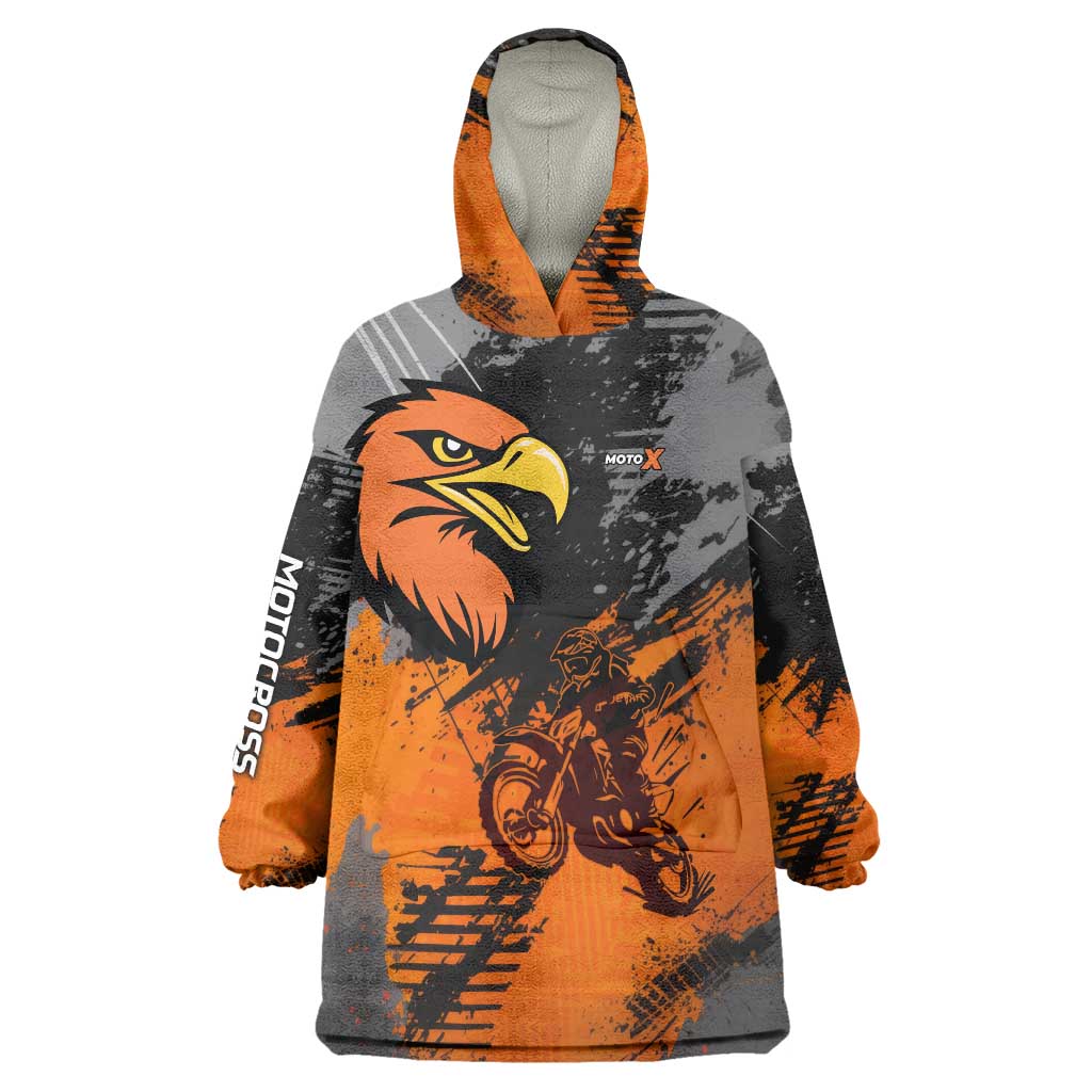Custom MotoX Eagle Strike Motocross Wearable Blanket Hoodie with Rider Silhouette and Orange Grunge Design - Wonder Print Shop