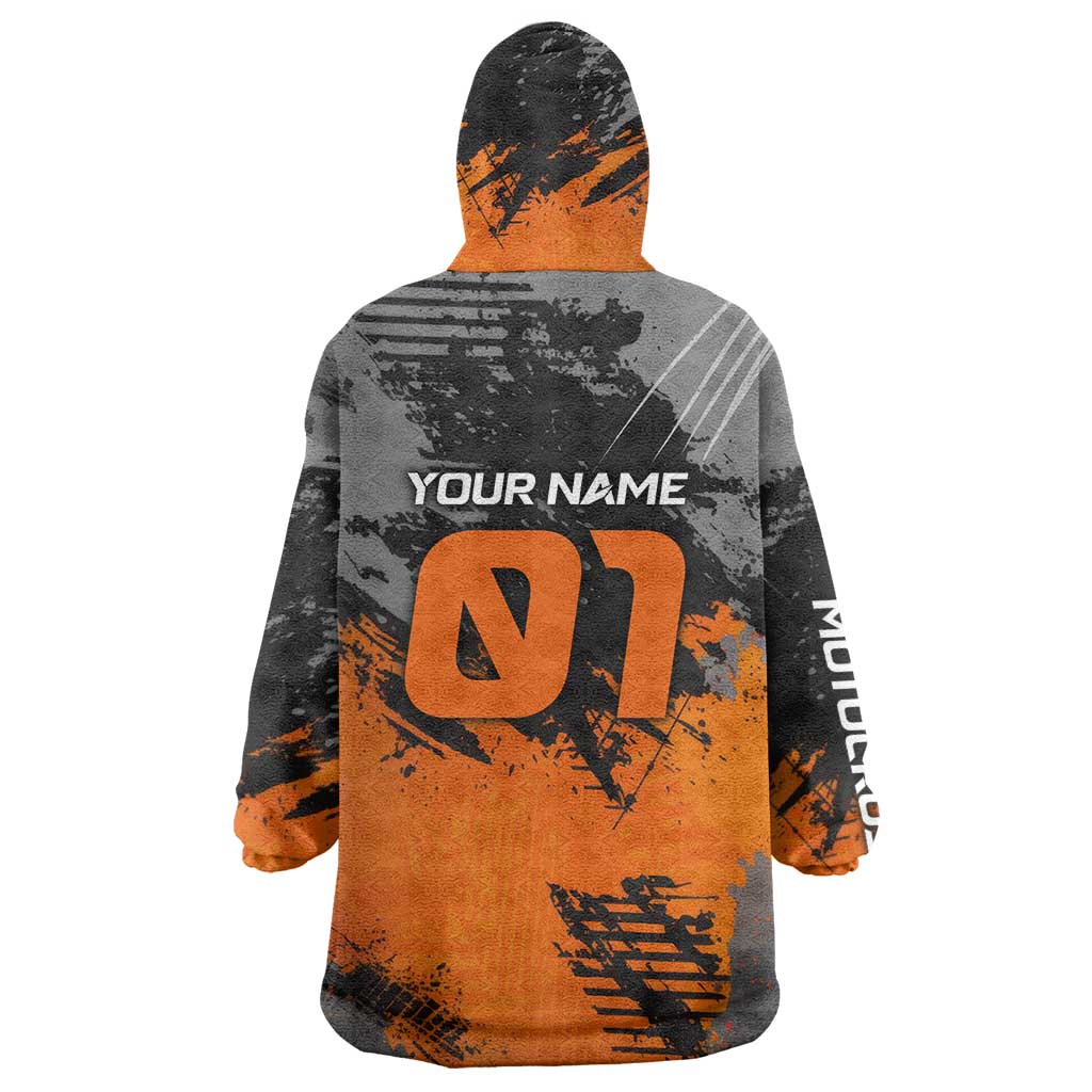 Custom MotoX Eagle Strike Motocross Wearable Blanket Hoodie with Rider Silhouette and Orange Grunge Design - Wonder Print Shop