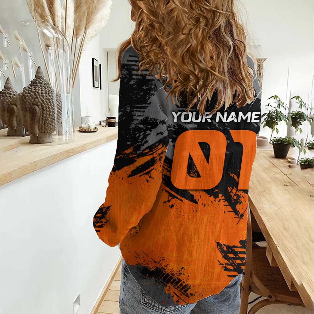Custom MotoX Eagle Strike Motocross Women Casual Shirt with Rider Silhouette and Orange Grunge Design - Wonder Print Shop