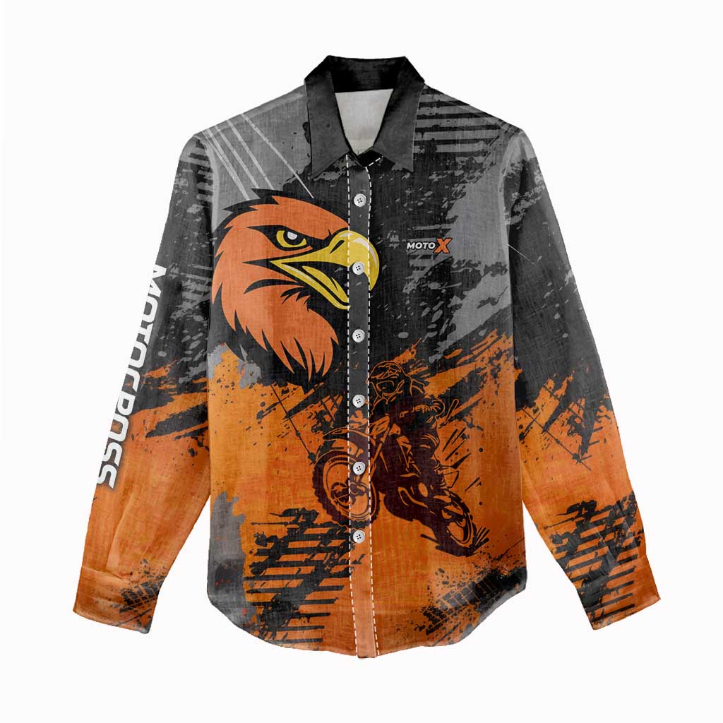 Custom MotoX Eagle Strike Motocross Women Casual Shirt with Rider Silhouette and Orange Grunge Design - Wonder Print Shop