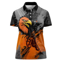 Custom MotoX Eagle Strike Motocross Women Polo Shirt with Rider Silhouette and Orange Grunge Design - Wonder Print Shop