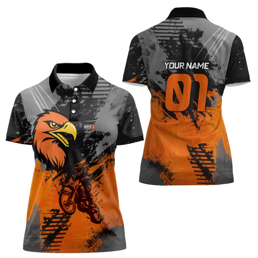 Custom MotoX Eagle Strike Motocross Women Polo Shirt with Rider Silhouette and Orange Grunge Design - Wonder Print Shop