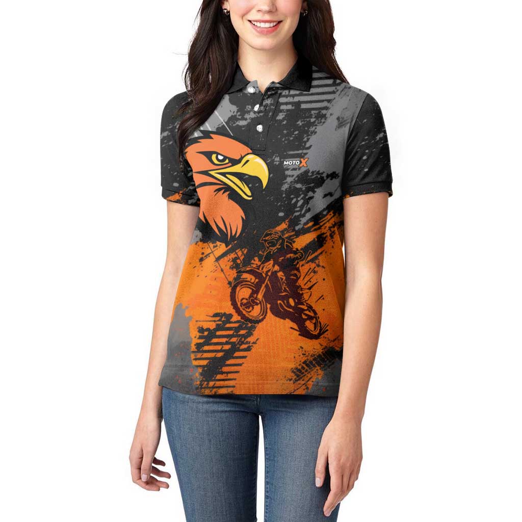 Custom MotoX Eagle Strike Motocross Women Polo Shirt with Rider Silhouette and Orange Grunge Design - Wonder Print Shop