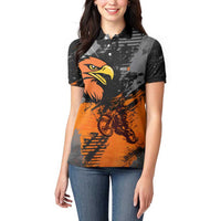 Custom MotoX Eagle Strike Motocross Women Polo Shirt with Rider Silhouette and Orange Grunge Design - Wonder Print Shop