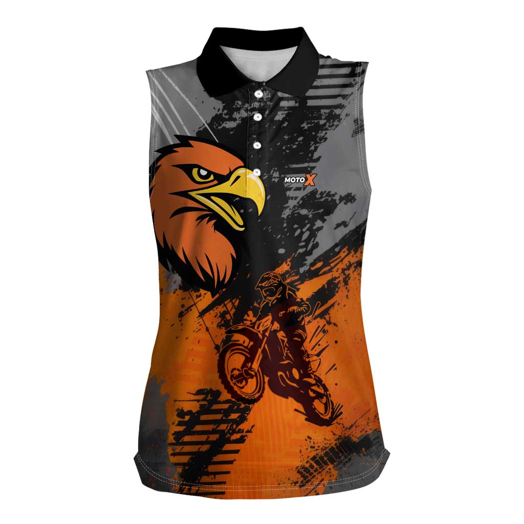 Custom MotoX Eagle Strike Motocross Women Sleeveless Polo Shirt with Rider Silhouette and Orange Grunge Design - Wonder Print Shop
