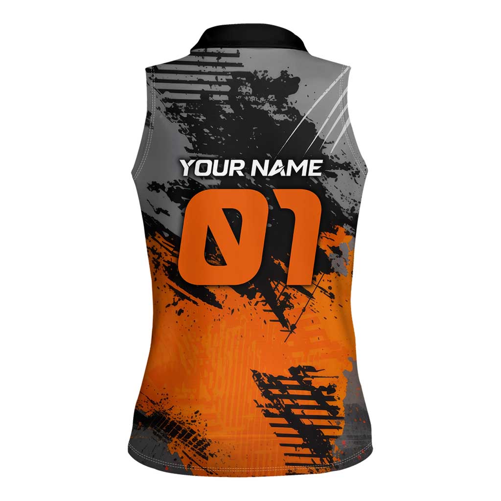 Custom MotoX Eagle Strike Motocross Women Sleeveless Polo Shirt with Rider Silhouette and Orange Grunge Design - Wonder Print Shop