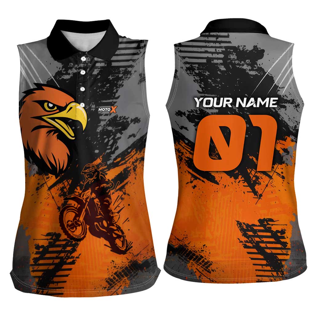 Custom MotoX Eagle Strike Motocross Women Sleeveless Polo Shirt with Rider Silhouette and Orange Grunge Design - Wonder Print Shop