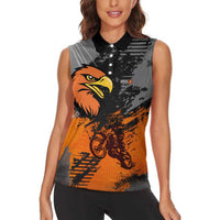 Custom MotoX Eagle Strike Motocross Women Sleeveless Polo Shirt with Rider Silhouette and Orange Grunge Design - Wonder Print Shop