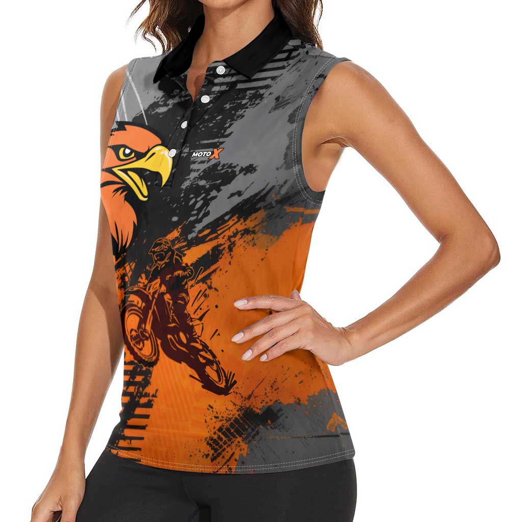 Custom MotoX Eagle Strike Motocross Women Sleeveless Polo Shirt with Rider Silhouette and Orange Grunge Design - Wonder Print Shop