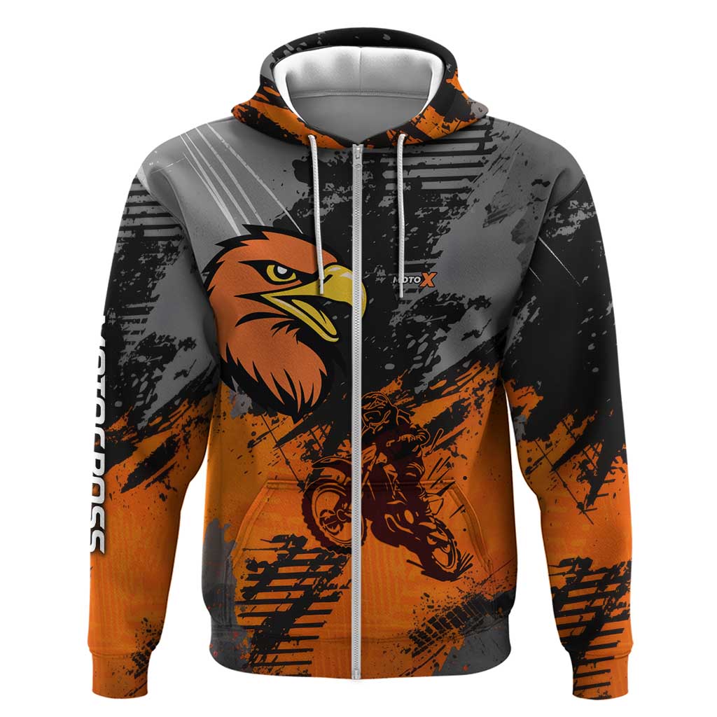 Custom MotoX Eagle Strike Motocross Zip Hoodie with Rider Silhouette and Orange Grunge Design - Wonder Print Shop