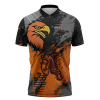 Custom MotoX Eagle Strike Motocross Zipper Polo Shirt with Rider Silhouette and Orange Grunge Design - Wonder Print Shop
