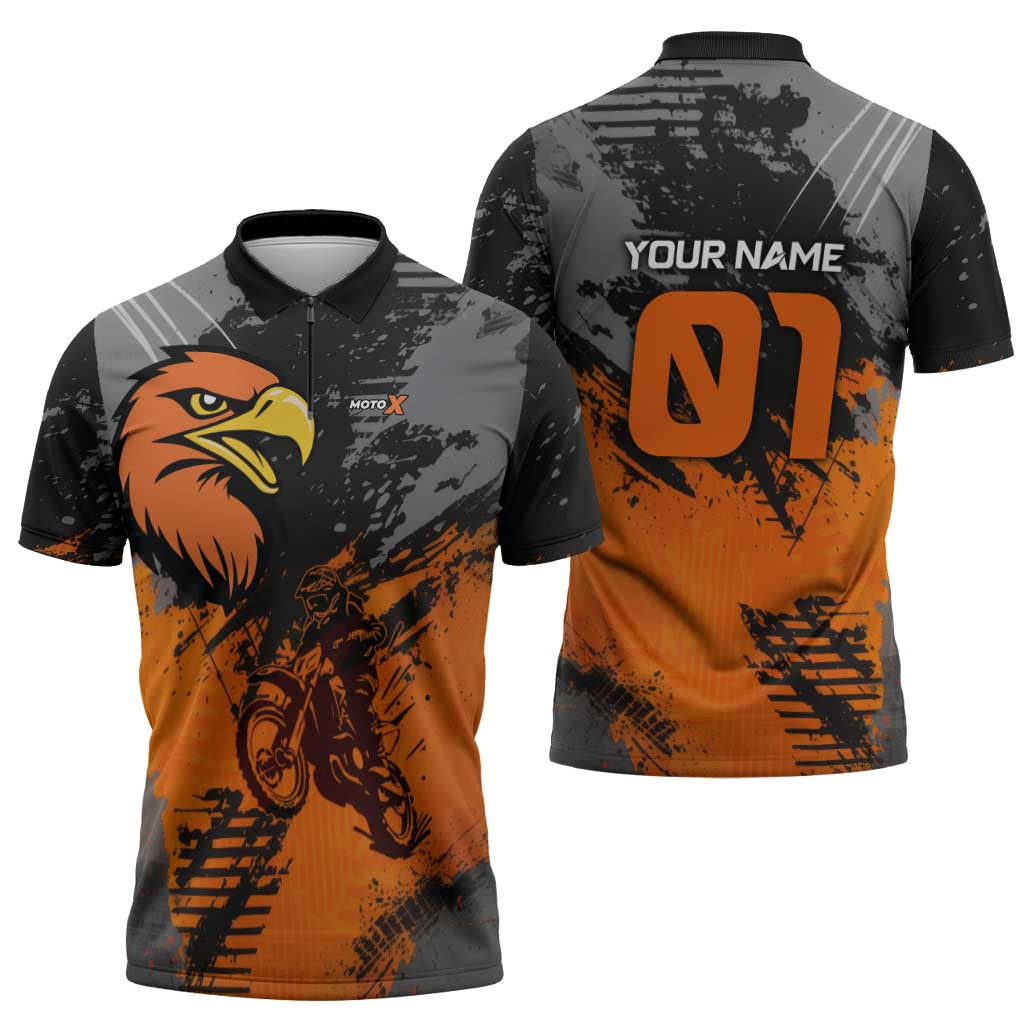 Custom MotoX Eagle Strike Motocross Zipper Polo Shirt with Rider Silhouette and Orange Grunge Design - Wonder Print Shop