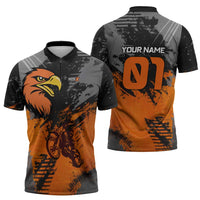 Custom MotoX Eagle Strike Motocross Zipper Polo Shirt with Rider Silhouette and Orange Grunge Design - Wonder Print Shop